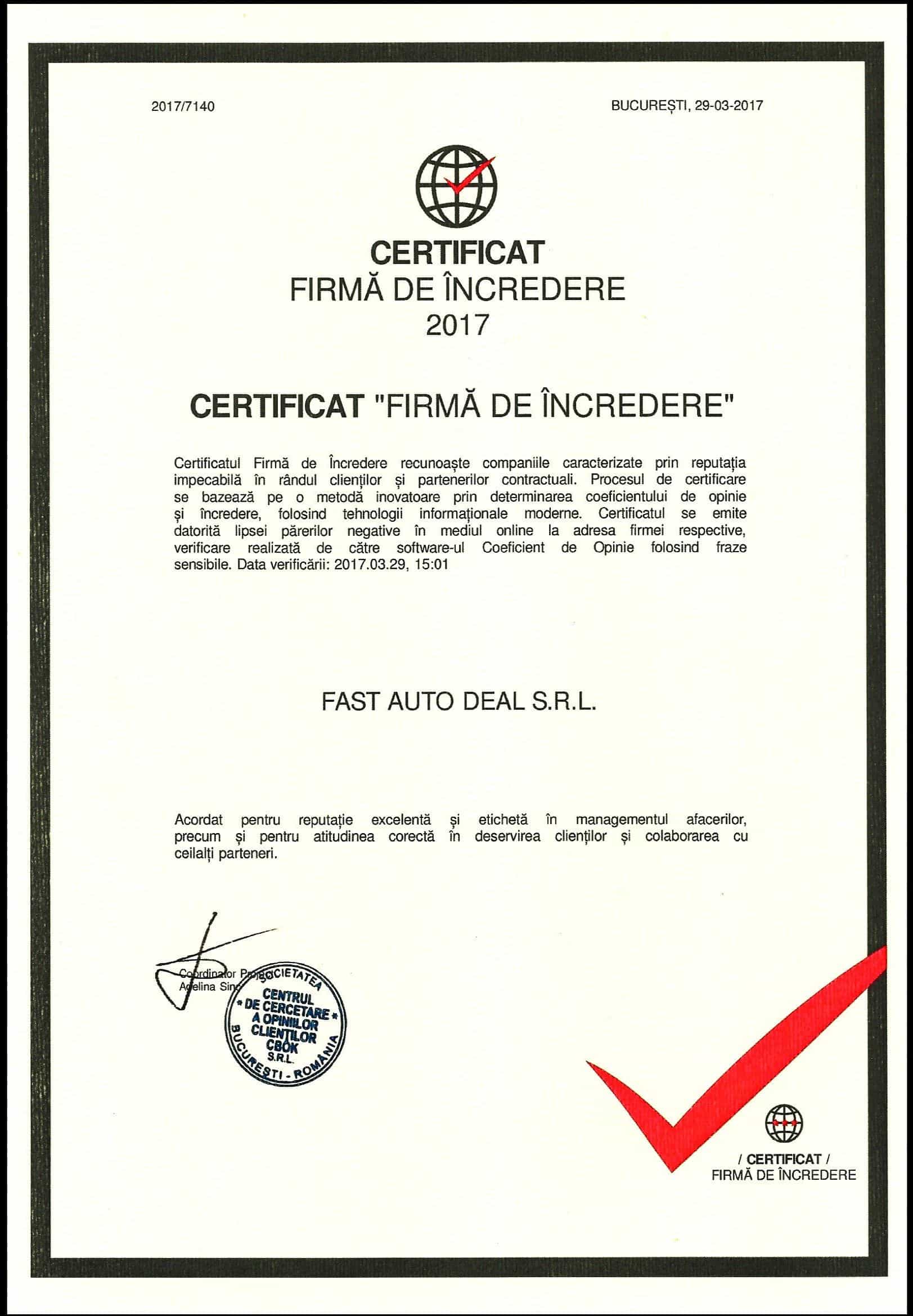 Certificat 2017 Firma de Incredere Fast Auto Deal