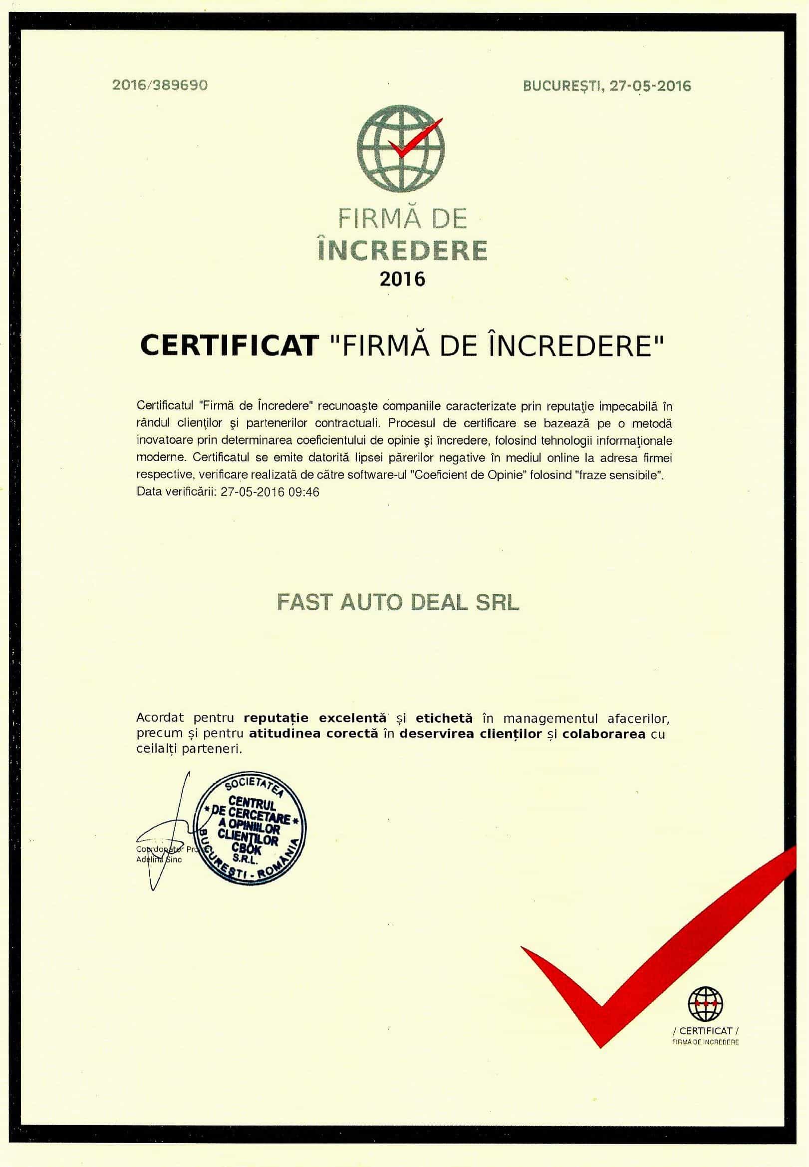 Certificat 2016 Firma de Incredere Fast Auto Deal